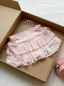 Comfortcana 2026 New Arrive  Spring/Summer Women's Fashionable Double-Layer Ruffle Hem Tie-Waist Mini Skirt Summer Outfits  Spring Outfit Women Valentine's Day Beach Skirt Vacation Outfits Women  Pink Skirt - Pink - View 1