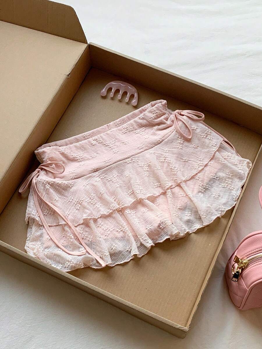 Comfortcana 2026 New Arrive  Spring/Summer Women's Fashionable Double-Layer Ruffle Hem Tie-Waist Mini Skirt Summer Outfits  Spring Outfit Women Valentine's Day Beach Skirt Vacation Outfits Women  Pink Skirt - Pink - View 1