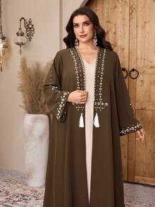 Al Najma Abaya élégante à broderie géométrique pour femmes grandes tailles - Marron - Voir 4