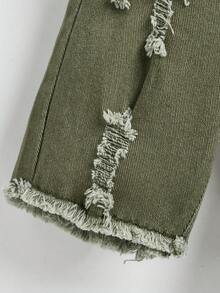 SHEIN Young Boy Ripped Frayed Skinny Solid Color Denim Shorts, For Spring And Summer - Army Green - View 3