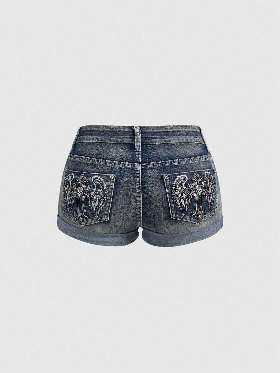 ROMWE Grunge Punk Y2K Retro Cross Wing Embroidery & Rhinestone Decor Women Denim Shorts - Blue - View 1