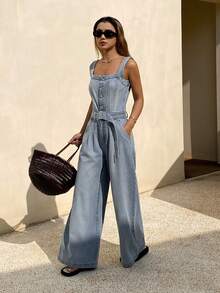 DAZY Women's Waist Belt Loose Fit Straight Leg Casual Denim Jumpsuit - Light Wash - View 3