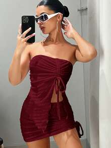 SHEIN x Marika Sila SHEIN ICON Drawstring Front Tube Top & Bodycon Skirt Two Pieces - Red Violet - View 3