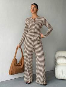 SHEIN Tall Bộ đồ nữ gồm áo dài tay kẻ sọc cài cúc đơn và quần ống rộng thắt eo, kiểu dáng thường ngày. - Cà phê nâu - Xem 5