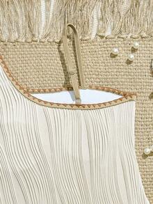 SHEIN 少女柔和蜜桃色波浪贝壳装饰连体泳衣和纱笼裙套装，温柔海滩风情