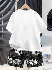 SHEIN Tween Boy Football Pattern Casual Loose Fitted Short Sleeve T-Shirt And Shorts Set, Comfortable Sleepwear, Summer - Multicolor - View 2
