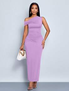 SOLERSUN 女士春夏纯色简约日常约会优雅派对不对称斜肩修身长裙 - 淡紫色 - 查看 5