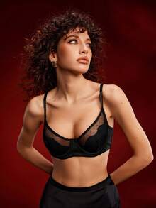 1件女士黑色钢圈文胸，缎面和撞色蕾丝装饰，模杯 - 黑色 - 查看 4