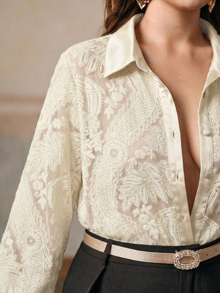 Plus Size Women Velvet Burnout Design Loose Retro Casual Shirt, Suitable For Autumn, Fall, Winter, Going Out, Elegant, Formal, Chic, New Year, Christmas, Graduation, Wedding, Business, Casual