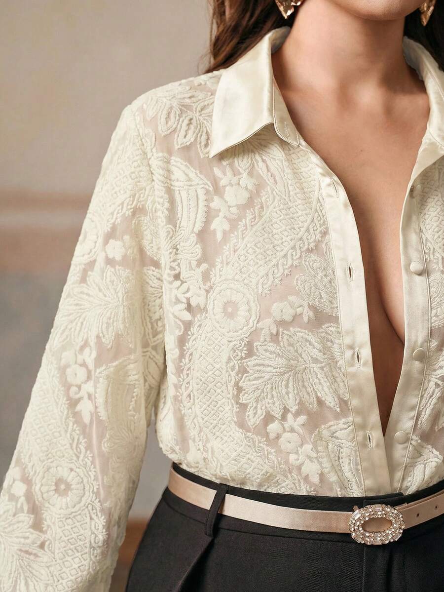 Anewsta Camisa holgada de mujer de talla grande con diseño de quemado de terciopelo, retro y casual, adecuada para otoño, invierno, salir, elegante, formal, chic, Año Nuevo, Navidad, graduación, boda, atuendo de negocios, casual - Albaricoque - Ver 1