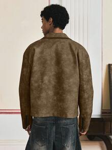SWAVVY Men's Vintage PU Leather Drop Shoulder Loose Zip-Up Short Jacket Men's Mocha Bomber Jacket Cropped Men Jacket Earthy Clothes Men - Brown - View 2