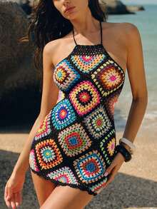 Swim Chiccia New Spring/Summer Single Piece, Multi-Color, Hand-Crocheted, Backless, Elegant Vacation-Themed Bohemian Dress (Random Floral Pattern Color) - Multicolor - View 3