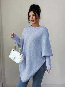 Elenzga Women's Asymmetrical Hem Oversized Crew Neck Pullover Sweater, Relaxed Fit, Soft & Comfortable Wool Blend, Suitable For Autumn/Winter - Blue - View 6