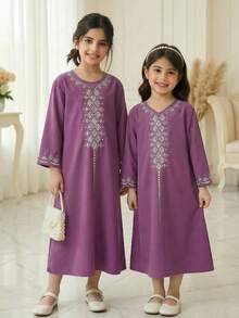 SHEIN Elegant Vintage Distinctive Dignified Young Girls' Kaftan Robe, Arabic Style Patterned Long Robe Suitable For Celebrations, Daily Wear, And Outings, Happy Holidays - Multicolor - View 2