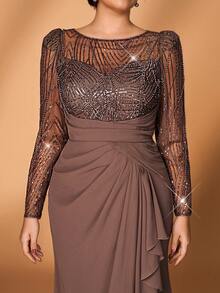 Serin Váy voan voan dài tay họa tiết hoa đính ngọc trai và sequin sang trọng, thanh lịch cỡ lớn, viền đuôi cá xếp nếp, thích hợp cho đám cưới, tiệc tùng, kỳ nghỉ, dạ hội, váy dạ hội cho mẹ cô dâu - màu nâu - Xem 8