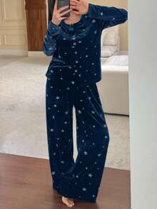 DAZY 2件套女士星形印花丝绒长袖开衫和长裤睡衣套装，秋冬款 - 綠色 - 查看 5