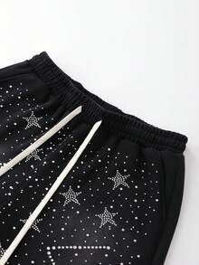 ROMWE MEN Street Life Summer Casual Graphic Men'S Rhinestone Star Print Drawstring Waist Shorts - Black - View 3