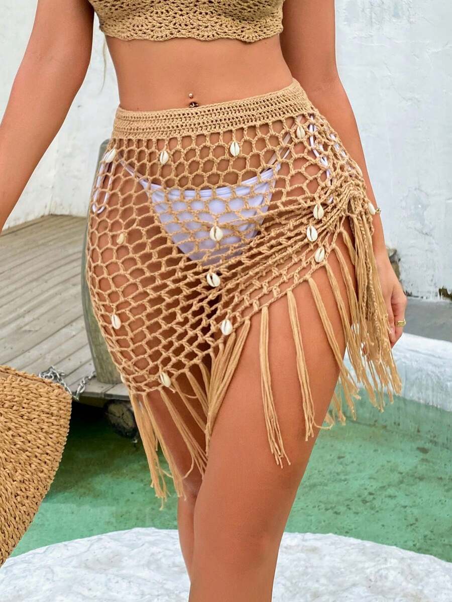 Swim Vcay Women's Vacation Hollow Out Tassel Asymmetric Hem Shell Decor Cover Up & Skirt Set - Khaki - View 1