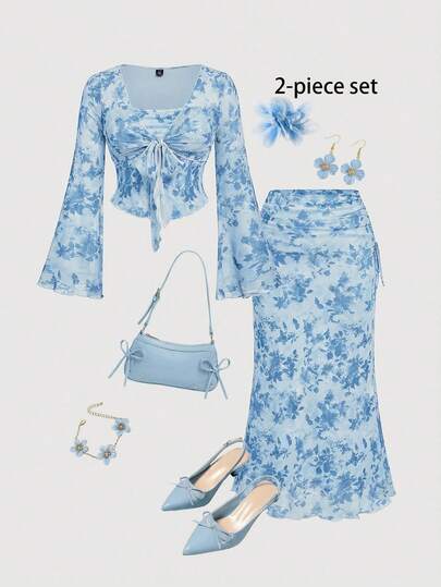 SHEIN MOD Plus Size Elegant Commuter Floral Print Flare Sleeve Top And Skirt Set Elegant Sets For Women Blue Skirt Set Floral Print Skirt Set 2 Piece Skirt Sets Women Two Piece Set Summer