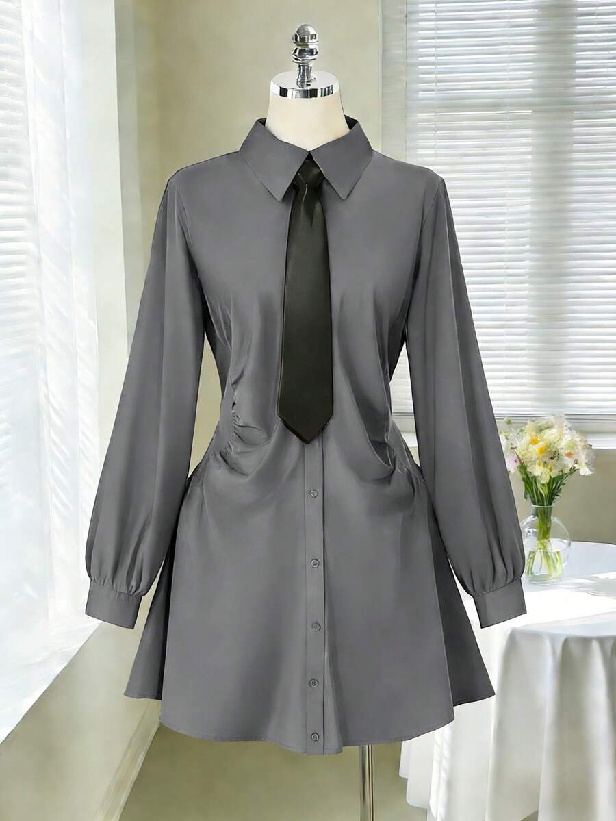 Rometta 大码优雅收腰褶皱衬衫裙 - 灰色 - 查看 1