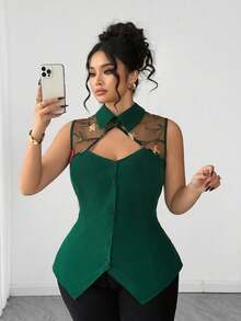 Elenzga 大码女式优雅刺绣网纱拼接衬衫领镂空腰部雪纺上衣，方领A字版型，显瘦显瘦，撞色拼接，优雅精致，适合情人节、返校季、毕业典礼、节日、母亲节、万圣节、感恩节、复活节、国庆节、舞会、约会、派对、婚礼、郊游等场合。 - 綠色 - 查看 4