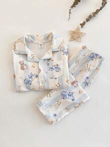 男童睡衣套装 - 两件套睡衣，蓝色动物印花，长袖翻领纽扣上衣，松紧腰长裤，柔软轻盈，四季皆宜，2026年假日必备礼物，可爱卡通简约风 - 彩色 - 查看 1