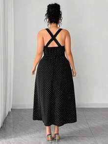 Elenzga Plus Size Casual Black Polka Dot Midi Cami Dress Sleeveless Square Neck Woven Flared Style For Women Poka Dots Gowns - Black - View 2