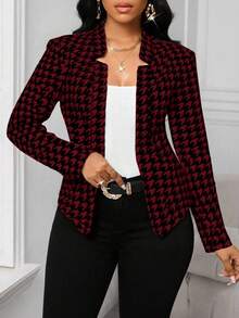 SHEIN Lady Áo blazer nữ thanh lịch, họa tiết kẻ caro, kiểu dáng mở phía trước, màu đen và đỏ, thích hợp cho công sở và sinh hoạt thường ngày. - Màu Đỏ Sâu - Xem 4