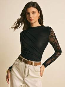 Poéselle 女士优雅蕾丝长袖T恤 - 黑色 - 查看 8