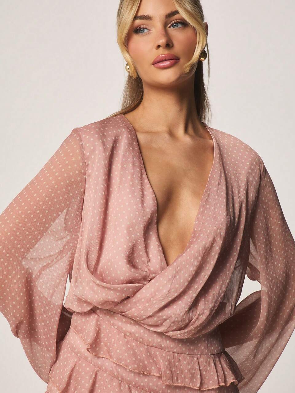 MISSGUIDED Polka Dot Wrap Mini Dress With Bell Sleeves And Ruffle Asymmetric Hem Chiffon