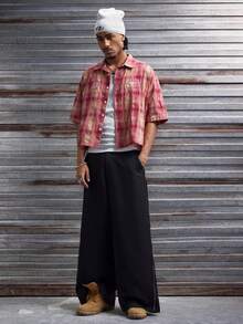 AXEPEAK 男士格子印花短袖单排扣休闲衬衫 - 粉色 - 查看 7