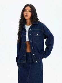 SHEIN ICON 大尺碼女款牛仔風藍色無彈力長袖夾克，春季 - 深色水洗藍 - 查看 4