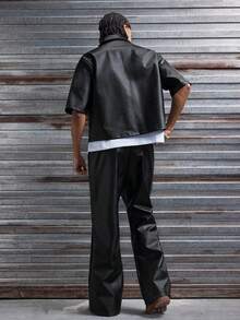 AXEPEAK Conjunto de camisa de manga corta con bolsillo delantero y pantalones casuales de verano para hombre - Negro - Ver 2