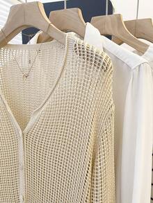 Franclia Casual Loose V-Neck Long Sleeve Hollow Knit Button Design Apricot Women Cardigan, Lightweight For Spring/Summer - Apricot - View 6