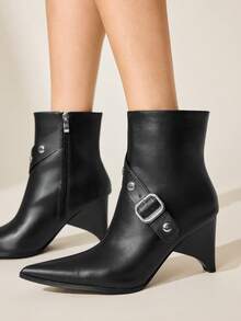 CUCCOO CHICEST Women's Fashion Versatile Commuter Buckle Pointed Toe Chunky High Heel Ankle Boots - Black - View 6