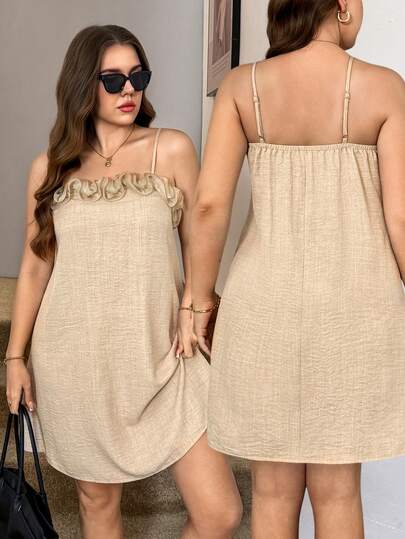 SHEIN LUNE Plus-Size Women'S Spring And Summer Three-Dimensional Flower And Ruffled A-Line Dress, Spring And Summer Halter Dress, Elegant And Casual For Vacation, Short Dress For Women Spring Outfit Women On The Street Dress Vacation Dress Woman Beach Dress For Woman Lady Dress Summer Beige Cover Up Italian Summer Dress Valentine's Day Boho Dress Women