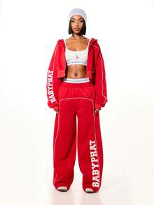 BABYPHAT Logo Wide Leg High Rise Elastic Waist Varsity Sweatpants With White Contrast Piping And Side Text - Red - View 3