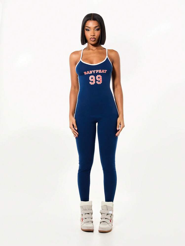 BABYPHAT Logo Halter Navy Unitard With White Contrast Piping And Front Graphic Print For Casual Everyday Wear Women's 4th Of July Women Red White And Blue 4th Of July Women Tank Usa Tank Top Women 4th Of July Crop