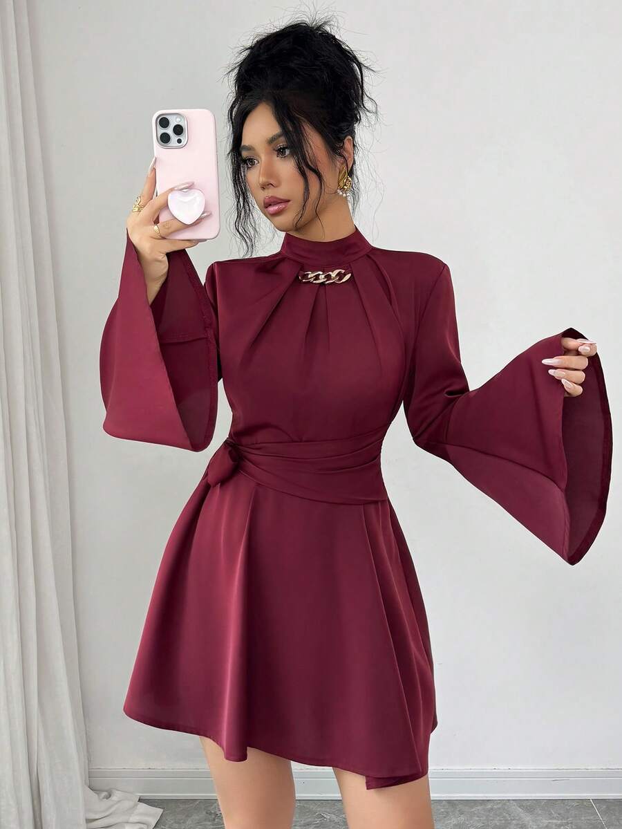 Modelyn 2026 Spring/Summer Flare Sleeve Cinched Waist Dress - Rose Red - View 1