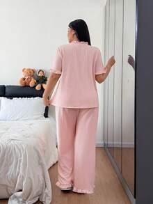 SHEIN Plus Size Pink Ribbed Jacquard Ruffle Trim Cardigan & Pants Pajama Set - Baby Pink - View 2