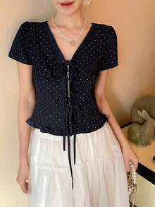 DAZY 女士波点V领系带休闲通勤短袖衬衫 - 黑色 - 查看 4