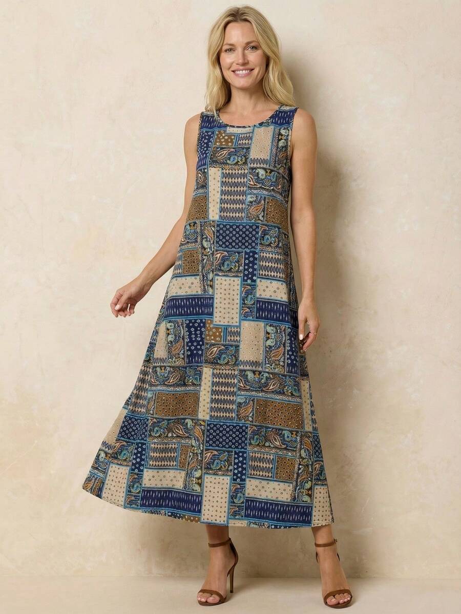 Faunlyn Women's Patchwork Print Sleeveless Dress, Summer Vacation - Multicolor - View 1