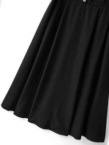 GlowEve CURVE 大码女装流行纯色立领优雅泡泡袖迷你连衣裙，金属纽扣设计，泡泡袖荷叶边袖口，日常百搭通勤系带修身长裙 - 黑色 - 查看 5