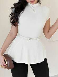 Modelyn 女士优雅纯色立领收腰T恤，夏季款 - 白色 - 查看 3