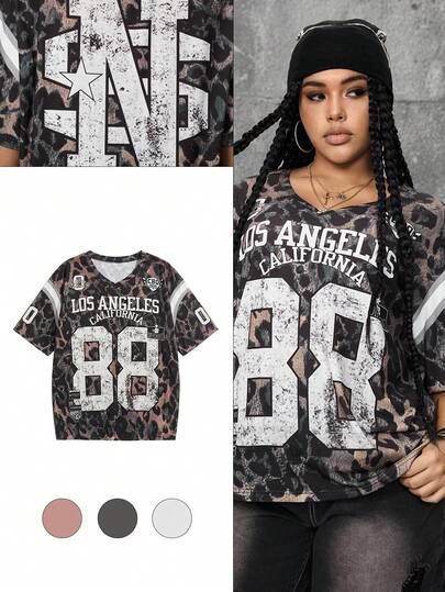 Street Life Camiseta de estilo novio de talla grande con estampado de leopardo, ropa urbana