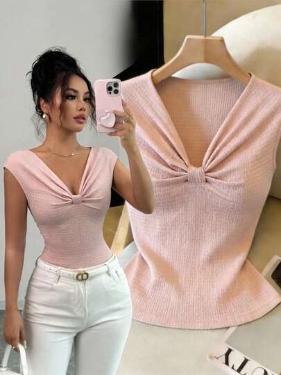 GlowEve Camiseta de mujer de manga corta con cuello en V, ajuste ceñido, textura ondulada de jacquard, elegante y versátil para uso diario, color rosa, dulce y grácil, juvenil