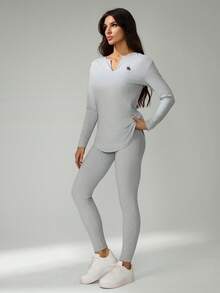 SHEIN Tall 2pcs/Set Women Long Sleeve T-Shirt And Embroidered Leggings, Autumn/Winter,Fall - Grey - View 5
