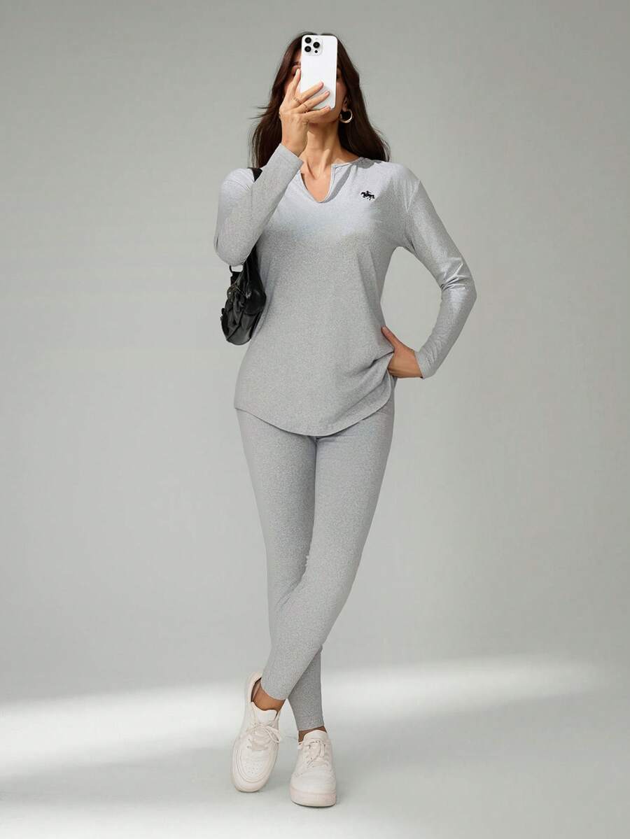 SHEIN Tall 2pcs/Set Women Long Sleeve T-Shirt And Embroidered Leggings, Autumn/Winter,Fall - Grey - View 1