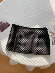 SHEIN PETITE CURVE 大码休闲黑白波点数码印花半身裙 - 黑與白 - 查看 3