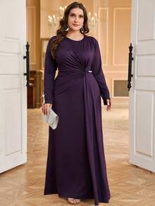 SHEIN Clasi 大码纯色圆领褶皱优雅长袖连衣裙 - 紫色 - 查看 3